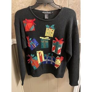 Vintage Work In Progress Black Christmas‎ Sweater Size Large Petite